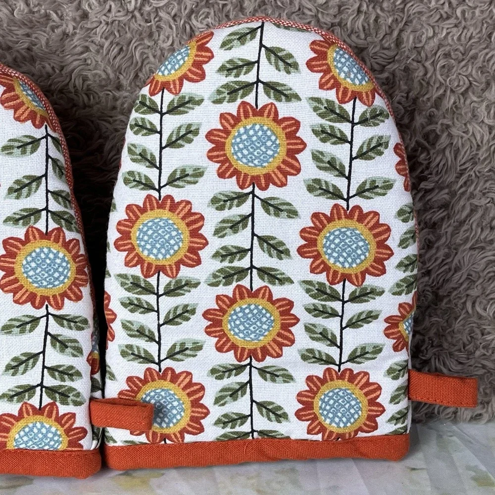 Kay Dee Grabber Oven Mitt Set Autumn In Bloom Sunflowers Pattern Orange Gloves